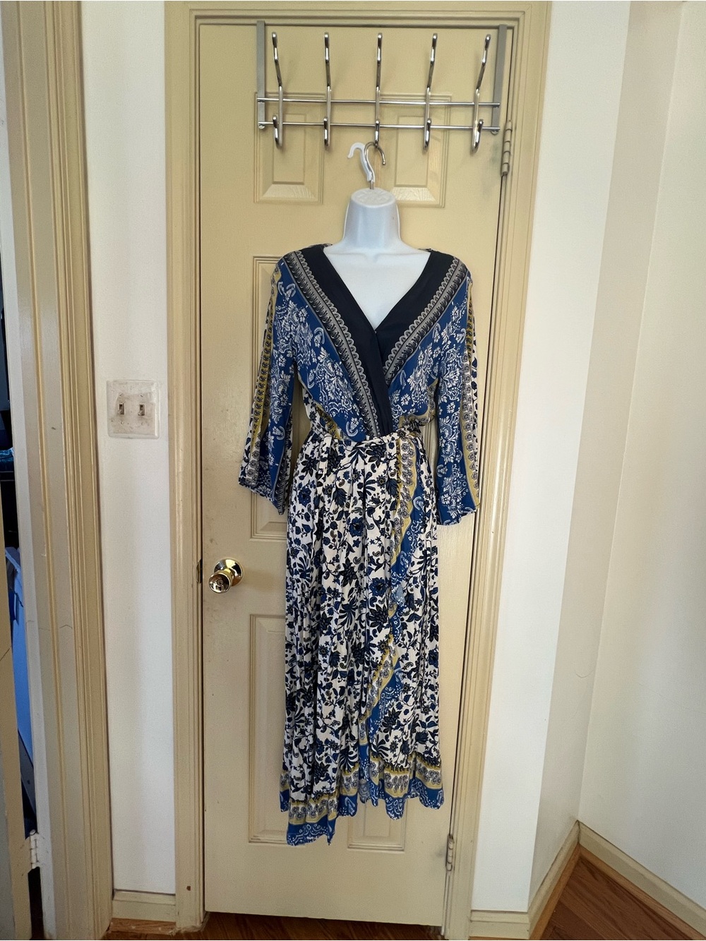 Cato Blue White and Black Floral Wrap Maxi Dress